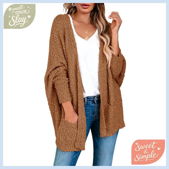 Oversized Chunky Cardigan Batwing Sleeves Open Front Fuzzy Knit Sweater Cozy